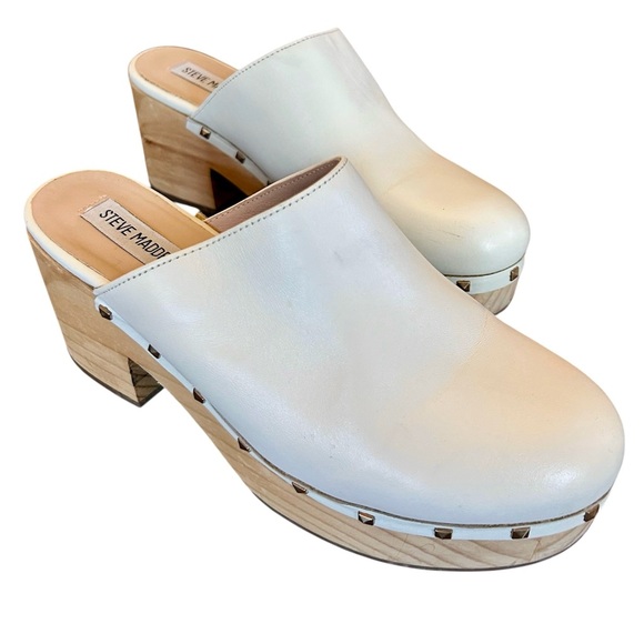 Steve Madden Brooklyn Leather Studded Wooden Clogs White Women 9.5 Boho Festival - Picture 9 of 9